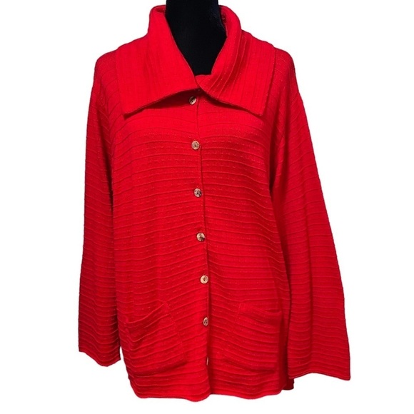 Margaret Winters Red Lagenlook Sweater Cardigan XL Artsy Button Front Knit - Picture 1 of 8